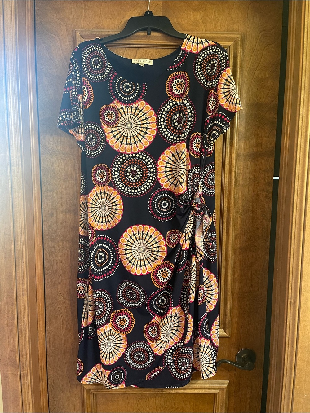 Robbie Bee Black Midi Tie-Waist Dress with Orange & Pink Medallion Print